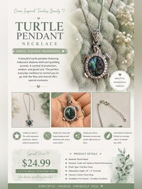Turtle Pendant Necklace with Iridescent Abalone - Silver